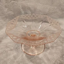 Vintage Pink Depression Etched Glass Footed Compote Candy Dish Pedestal Bowl