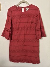 LOFT Small Eyelet Cotton Red Shift Dress Flutter Sleeve Above Knee