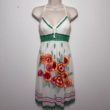 VTG Y2K Sue Wong Women SILK Babydoll Dress White Crochet Floral Embroidered