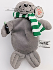 Vintage 1997 Coca-Cola Bean Bag Plush Seal Green Stripe Scarf Tag 0145 Toy