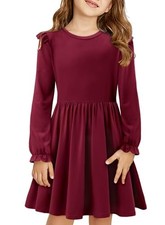 Girls Long Sleeve Dress Casual A Line Ruffle Twirly 12-13 Years A Wine Red