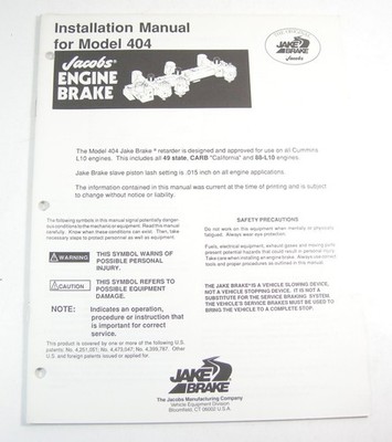 Jacobs Engine Jake Brake Model 404 Cummins L10 Installation Maintenance Manual