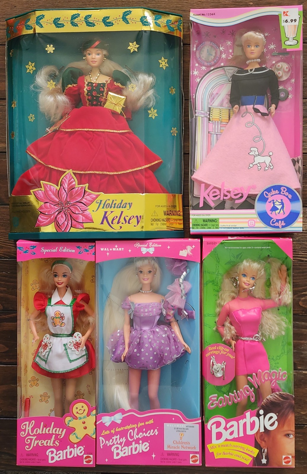 Lot of 5 Vintage 90s Barbie Dolls & Kelsey Holiday Special Edition NRFB Mattel