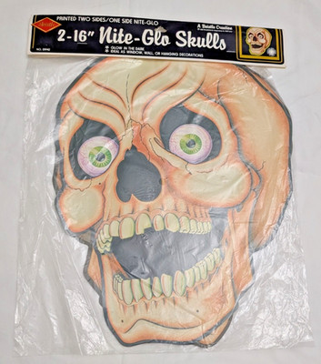 Vintage Beistle Nite Glo Skulls Set of Two 16'' Cardboard Halloween Decorations