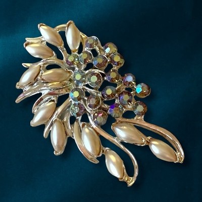 BSK Brooch Aurora Borealis Rhinestone Flower Faux Pearl Signed Vintage