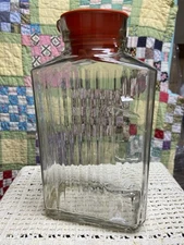 Anchor Hocking Glass Ribbed Refrigerator Pitcher Orange Rubber Lid 2 Qt Vintage