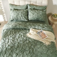 Green Queen Comforter Set,5 Pieces Pintuck Comforters,Floral Ruched Bedding S...