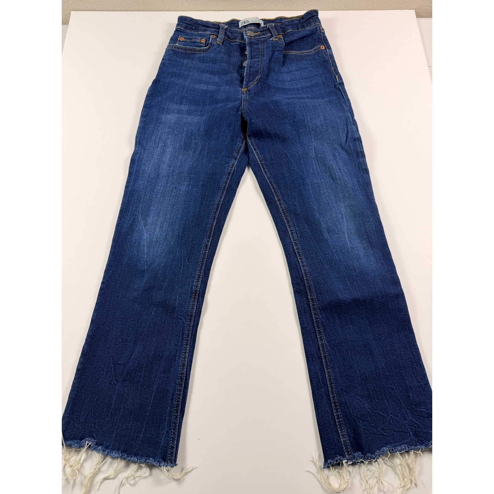 Zara The Dreed Flare Jeans Womens 6 Dark Wash High Rise Button Fly Raw Hem Blue