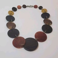 Boho Disc Statement Necklace Plastic Faux Wood Graduated Discs Earth Tones 23"