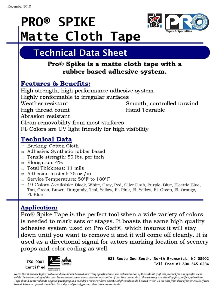 Pro Tapes Pro Gaff Spike Tape 1/2 inch X 45 yds. All colors (19) available - Image 2 of 2