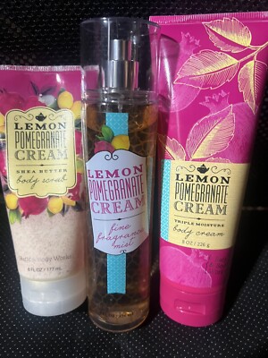 Bath & Body Works LEMON POMEGRANTE  8 oz FRAGRANCE 8 Oz CREAM 6 Oz. Scrub TRIO
