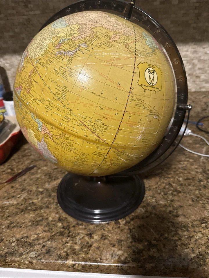 Globo giratorio vintage raro Lexicon Publications tono amarillo sobre base de metal Foto 2 de 4