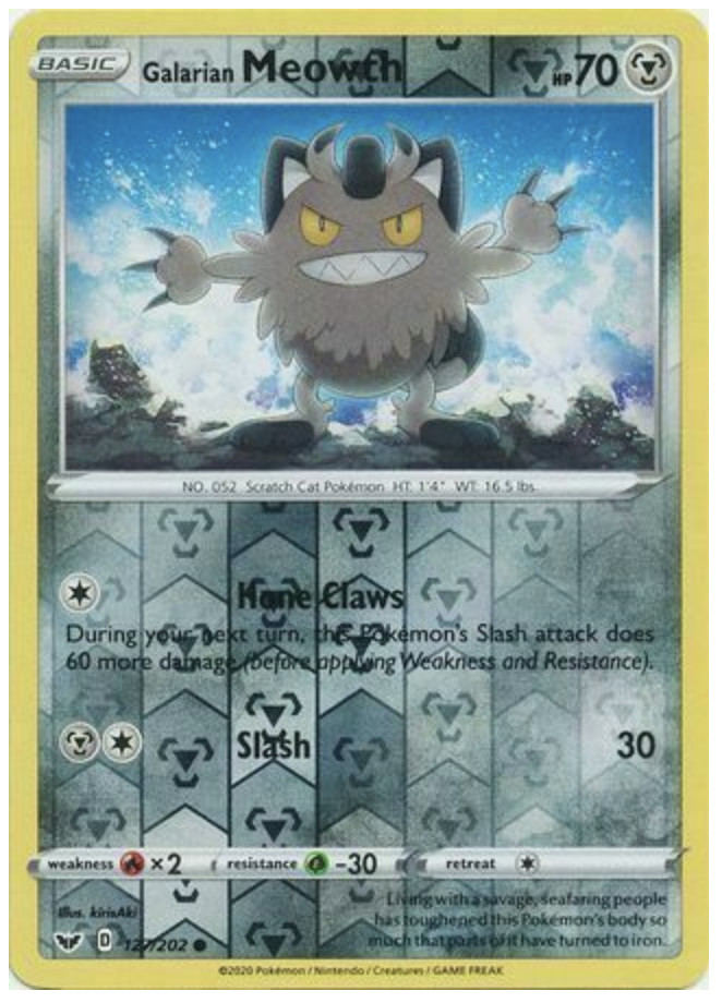 Pokemon,  SWORD & SHIELD - Galarian Meowth 127/202 - Reverse Holo -NM/M -New