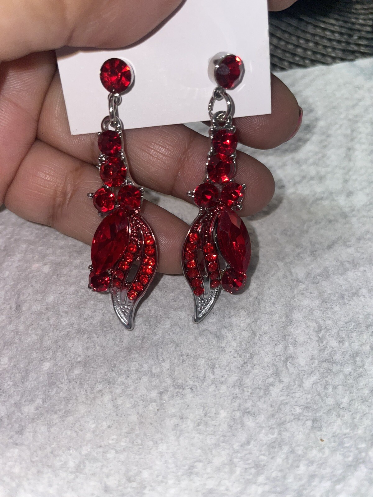 Earrings, Silver Tone Red, Rhinestone Dangle Earr… - image 5