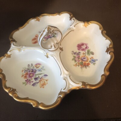Vintage Reichenbach Porcelain Dresden Flower Style 3-Part Relish Dish
