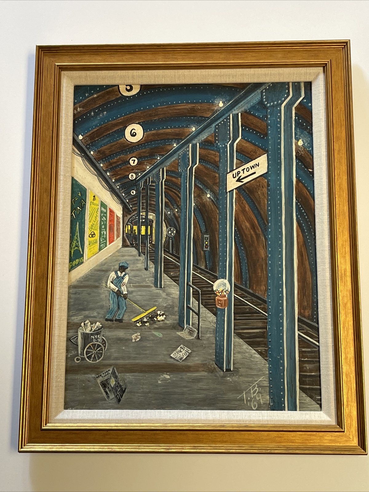 VINTAGE AMERICAN FOLK PAINTING WPA STYLE SCENE NIGHT NY BLACK AMERICANA SUBWAY