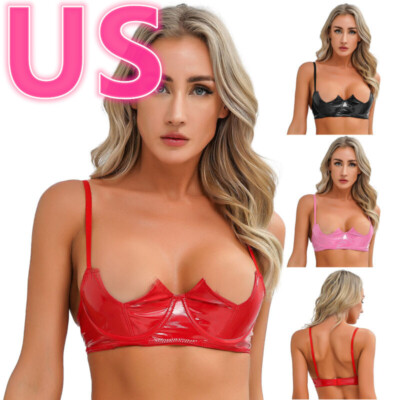 Women Leather Bra Spaghetti Straps Exposed Bra Chest Brace Brassiere Lingerie