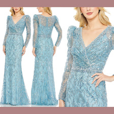 NWT Mac Duggal [ 14 ] 20442 VNeck Full Sleeve Sequin Embellished Gown Aqua Q1086