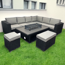 Black L Shaped 9 Seater Rattan Patio Set Fire Pit Table Outdoor Garden Seating