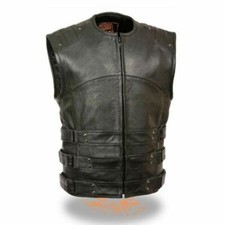 MENS MOTORCYCLE SWAT STYLE PREMIUM LEATHER VEST w/ TWO CONCEAL POCKETS - SA37