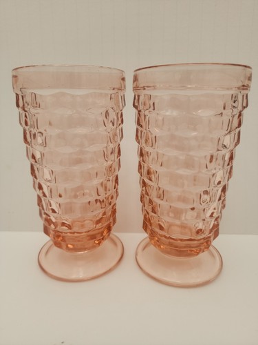 Indiana Glass Whitehall Cubist Pink Peach Footed Tumbler 6” Set of 2