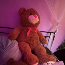 Hugfun Plush Brown Teddy Bear Pink Bow Surface Washable Polyester PA-16566