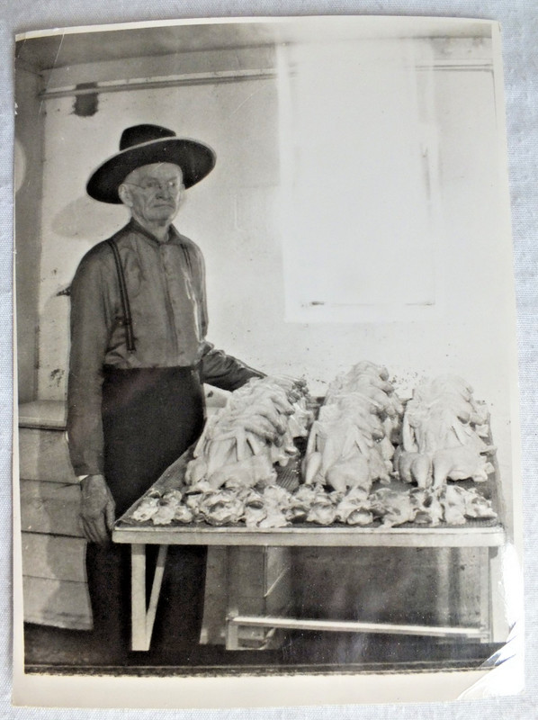 antique photograph Sylvanus Hynes with table full slaughtered chickens 5"x7" vtg