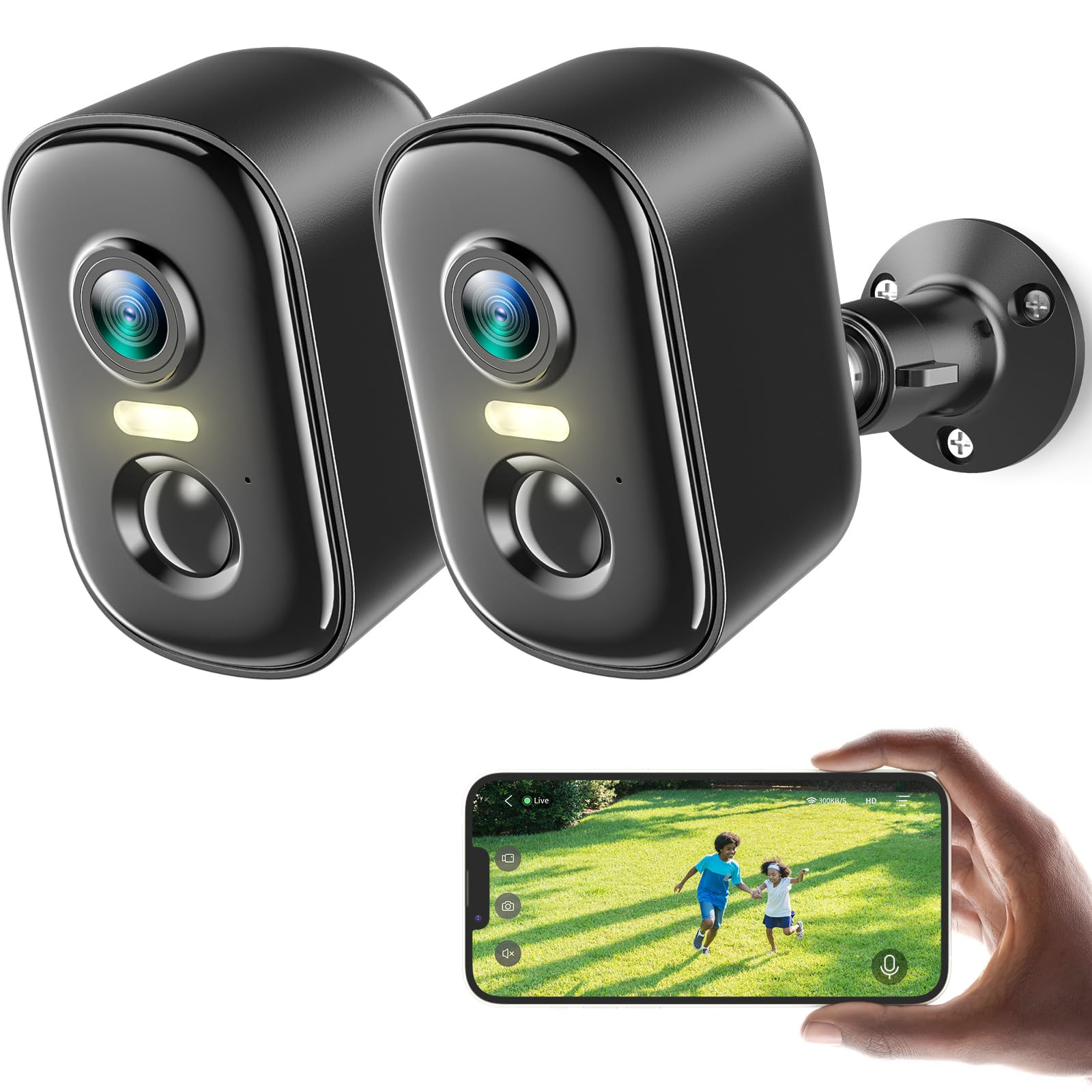 2K Wireless Outdoor Security Cameras 2 Pack Battery Powered WiFi with Night Vision