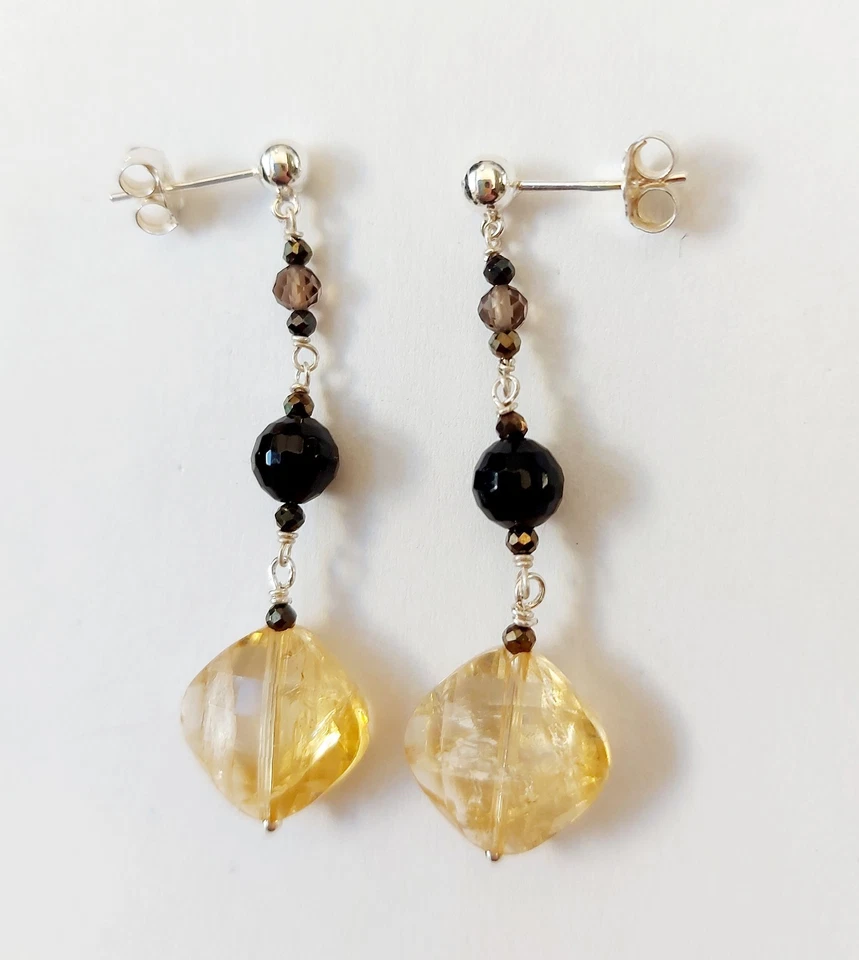 Orecchini in argento 925 pietre quarzo citrino fume onice zirconia regalo Natale - Immagine 4 di 4