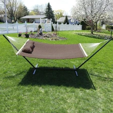 2-Person Quilted Fabric Hammock with Steel Stand - Brown by Sunnydaze