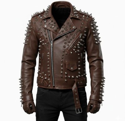 Men's Brown Metal Spiked Studded Full Punk Rocked Cafe Racer Moto Leather Jacket