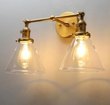 PERMO Double Vintage Industrial Gold Sconce 2  Light Wall Light w/ Clear Glass