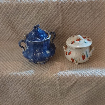 Ceramic Creamer & Sugar Set 2pc w/ Lids Handle Glazed Speckled Blue White