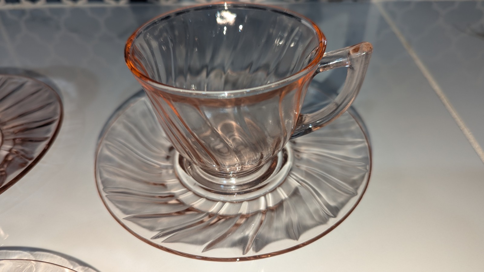 Jeanette Glass  SWIRL Pink Depression Glass cup and saucers set  Set of 3