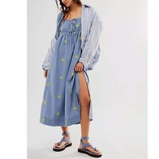 NWT Free People Emory Embroidered Midi Dress 168 X-SMALL Blue Long-Sleeve