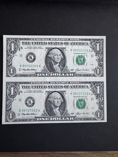 Lot 2 billets 1 Dollar États Unis 1993 Federal Reserve Note années 1990