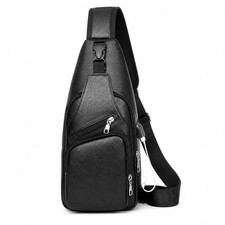 Men s Black Leather Sling Bag Crossbody Backpack USB Charging Chest Shoulder Bag