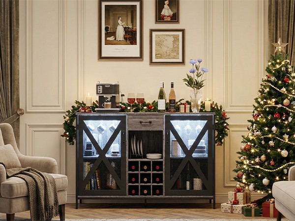 Wooden Wine Cabinet, Vintage Wood Bar Storage Cabinet+Drawer Wine Bottle Display