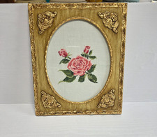 Vintage Finished Cross-Stitch Pink Roses Ornate Gold Frame Picture Wall Decor