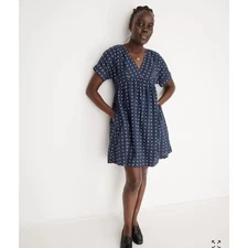 Madewell Size Small V-Neck Dolman-Sleeve Mini Dress in Textured Dot Blue Summer