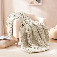 Chunky Knit Blanket Throw Beige Large Soft Fluffy Cable Knit Crochet Throw 10...