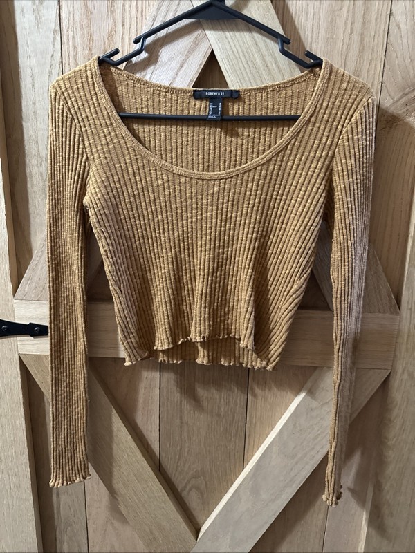 Forever 21 Women's Long Sleeve Cropped Top Blouse Brown Medium Size