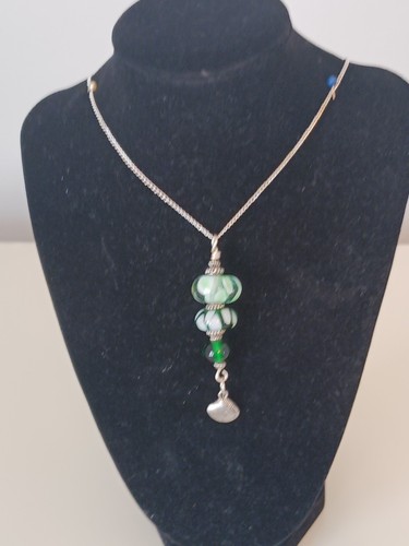 3 Layer Green Bead Necklace With Silver Accents, 24" Chain