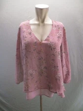 Lauren Conrad Size L Womens Floral Pink V-Neck Overlay Stylish Chic Blouse 553