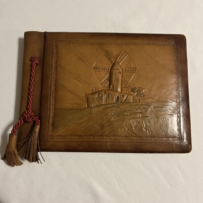 Leather Photo Album Embossed Hand Made Vintage Windmill Scene Mallorca, Spain