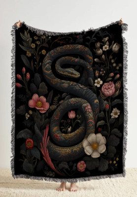 Dark Botanical Snake Woven Tapestry, Victorian Gothic Blanket