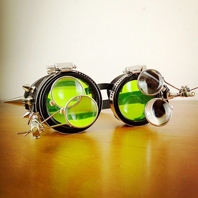 Antique Steampunk Goggles with Magnifying Lenses Welding Glasses Green