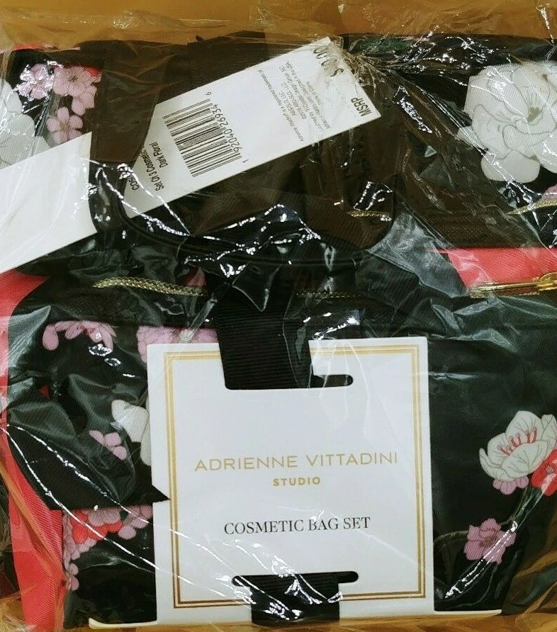 Adrienne Vittadini 3pc Cosmetic Makeup Travel Storage Bag Set Black Pink Floral