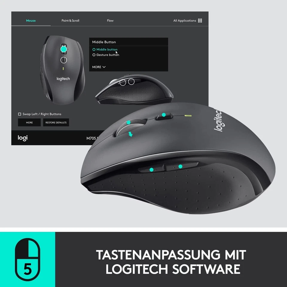 Logitech M705 Marathon Kabellose Maus, 2,4 GHz mit USB-Unifying-Empfänger, 1000 - Bild 4 von 4