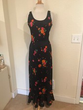 SALE SALE VTG 60s70s Black w/ Org n Red Flowers Maxi by De Laix  Bust 36 / S